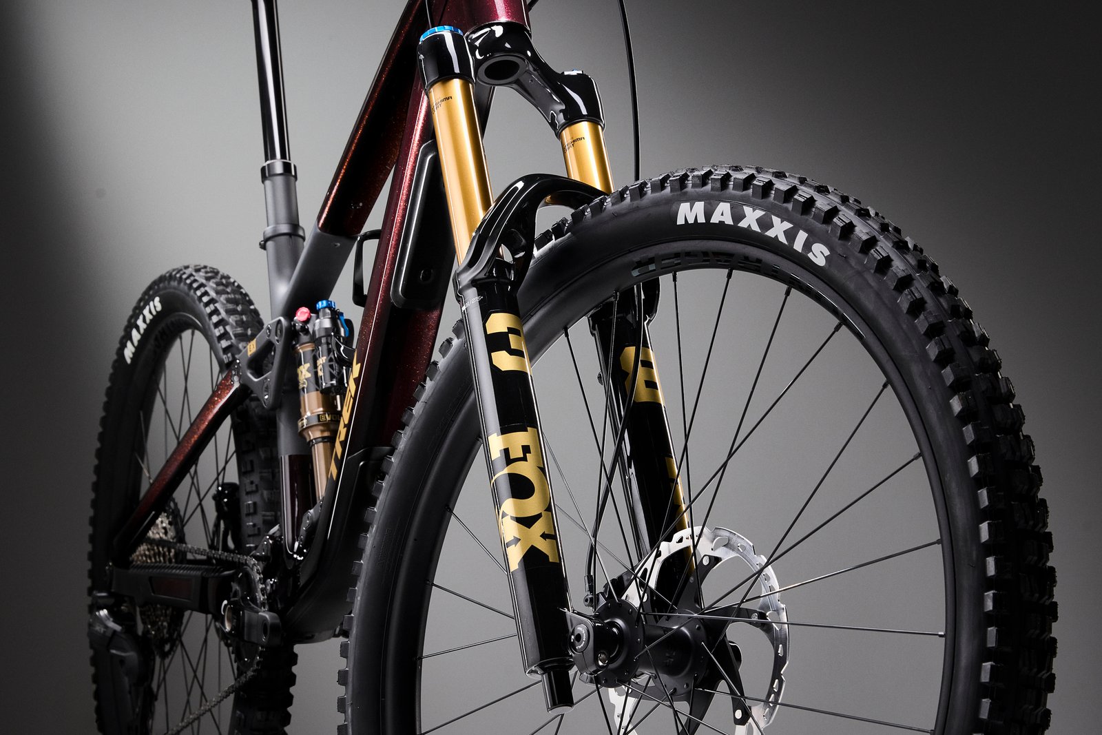 Fox suspension fork service detail on a full-suspension mountain bike