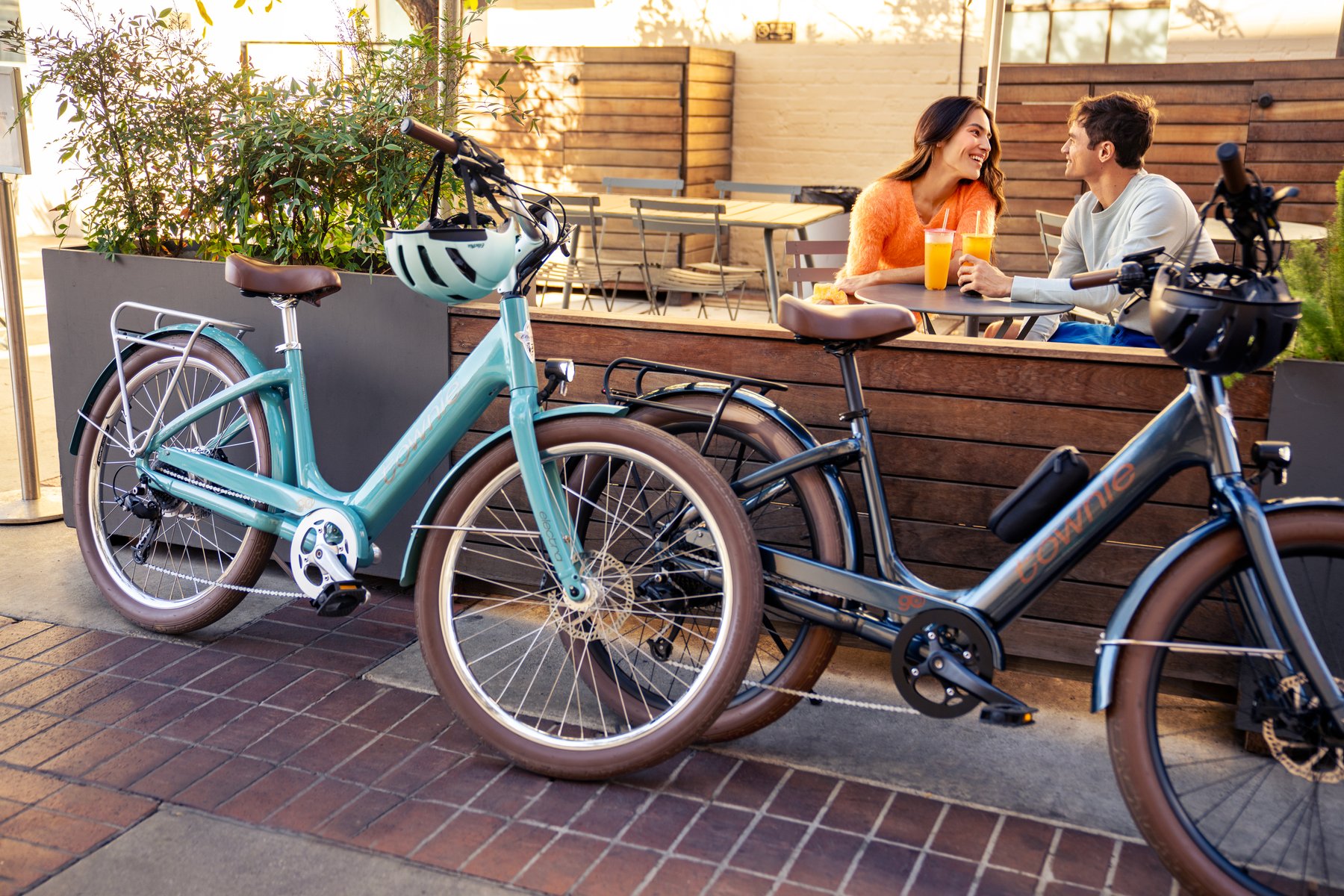 Riders parking their e-bikes at a Scottsdale patio café